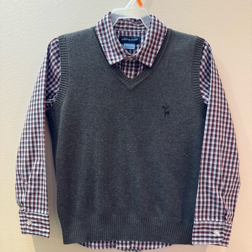 Andy & Evan Charcoal V-Neck Sweater Vest and Checkered Long Sleeve 2Pc